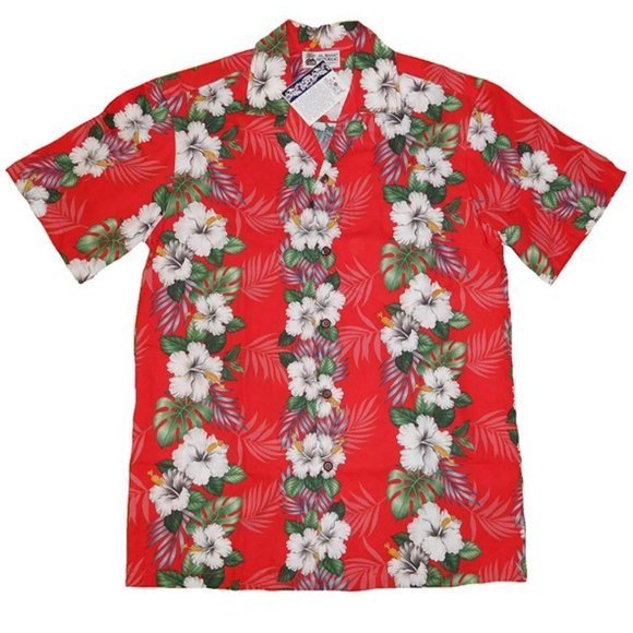 Men's Aloha Republic Island Hibiscus Panel lei Hawaiian Button‎ Up Red Shirt - Picture 1 of 7